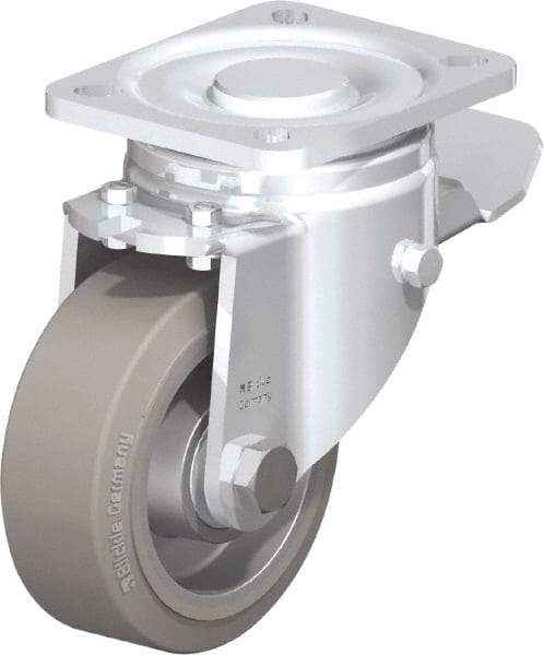 Blickle - 4" Diam x 1-9/16" Wide x 5-33/64" OAH Top Plate Mount Swivel Caster with Brake - Solid Rubber, 440 Lb Capacity, Ball Bearing, 3-15/16 x 3-3/8" Plate - Exact Tool & Supply