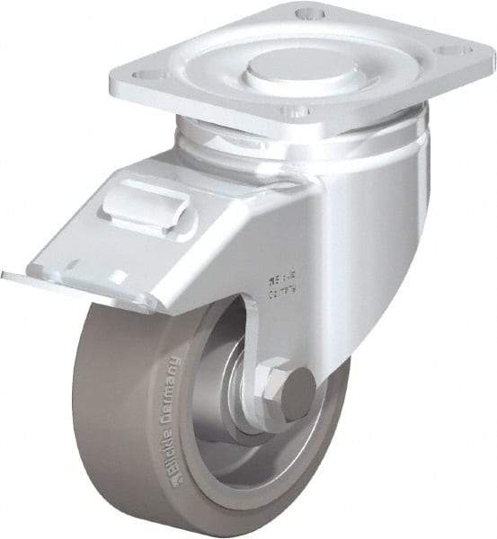 Blickle - 4" Diam x 1-9/16" Wide x 5-33/64" OAH Top Plate Mount Swivel Caster with Brake - Solid Rubber, 440 Lb Capacity, Ball Bearing, 3-15/16 x 3-3/8" Plate - Exact Tool & Supply