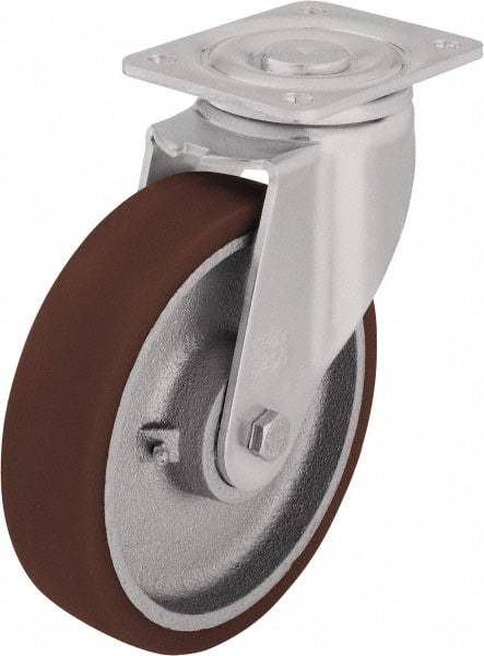 Blickle - 8" Diam x 1-31/32" Wide x 9-21/32" OAH Top Plate Mount Swivel Caster - Polyurethane-Elastomer Blickle Softhane, 1,760 Lb Capacity, Ball Bearing, 5-1/2 x 4-3/8" Plate - Exact Tool & Supply