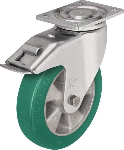 Blickle - 6-1/2" Diam x 2" Wide x 7-61/64" OAH Top Plate Mount Swivel Caster with Brake - Polyurethane-Elastomer Blickle Softhane, 1,210 Lb Capacity, Ball Bearing, 5-1/2 x 4-3/8" Plate - Exact Tool & Supply