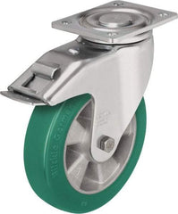 Blickle - 6-1/2" Diam x 2" Wide x 7-61/64" OAH Top Plate Mount Swivel Caster with Brake - Polyurethane-Elastomer Blickle Softhane, 1,210 Lb Capacity, Ball Bearing, 5-1/2 x 4-3/8" Plate - Exact Tool & Supply