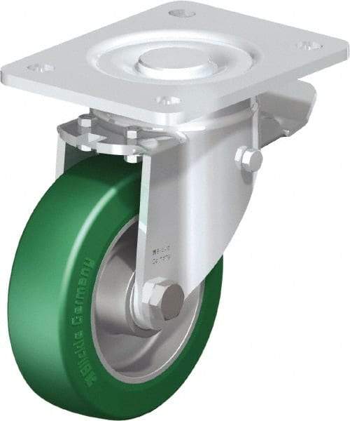Blickle - 5" Diam x 1-9/16" Wide x 6-1/2" OAH Top Plate Mount Swivel Caster with Brake - Polyurethane-Elastomer Blickle Softhane, 770 Lb Capacity, Ball Bearing, 5-1/2 x 4-3/8" Plate - Exact Tool & Supply