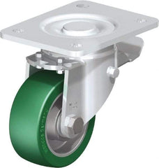 Blickle - 4" Diam x 1-9/16" Wide x 5-33/64" OAH Top Plate Mount Swivel Caster with Brake - Polyurethane-Elastomer Blickle Softhane, 660 Lb Capacity, Ball Bearing, 5-1/2 x 4-3/8" Plate - Exact Tool & Supply
