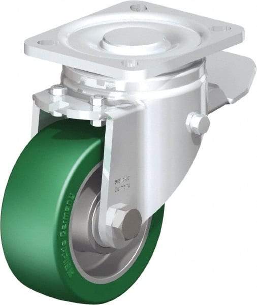 Blickle - 4" Diam x 1-9/16" Wide x 5-33/64" OAH Top Plate Mount Swivel Caster with Brake - Polyurethane-Elastomer Blickle Softhane, 660 Lb Capacity, Ball Bearing, 3-15/16 x 3-3/8" Plate - Exact Tool & Supply
