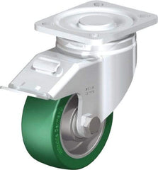 Blickle - 4" Diam x 1-9/16" Wide x 5-33/64" OAH Top Plate Mount Swivel Caster with Brake - Polyurethane-Elastomer Blickle Softhane, 660 Lb Capacity, Ball Bearing, 3-15/16 x 3-3/8" Plate - Exact Tool & Supply