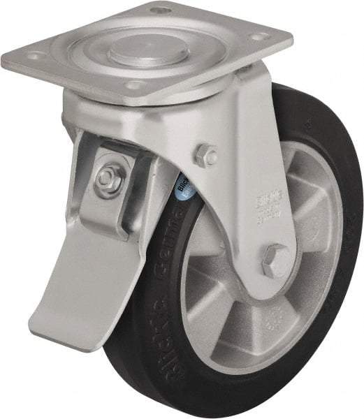 Blickle - 10" Diam x 2" Wide x 11-39/64" OAH Top Plate Mount Swivel Caster with Brake - Solid Rubber, 1,430 Lb Capacity, Ball Bearing, 5-1/2 x 4-3/8" Plate - Exact Tool & Supply