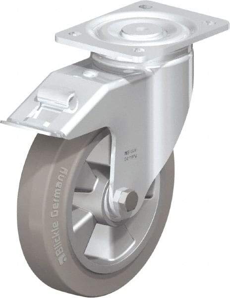 Blickle - 8" Diam x 2" Wide x 9-41/64" OAH Top Plate Mount Swivel Caster with Brake - Solid Rubber, 1,210 Lb Capacity, Ball Bearing, 5-1/2 x 4-3/8" Plate - Exact Tool & Supply