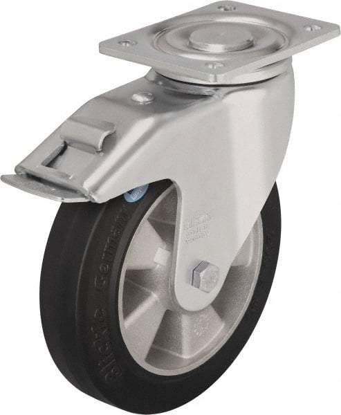 Blickle - 8" Diam x 2" Wide x 9-41/64" OAH Top Plate Mount Swivel Caster with Brake - Solid Rubber, 1,210 Lb Capacity, Ball Bearing, 5-1/2 x 4-3/8" Plate - Exact Tool & Supply