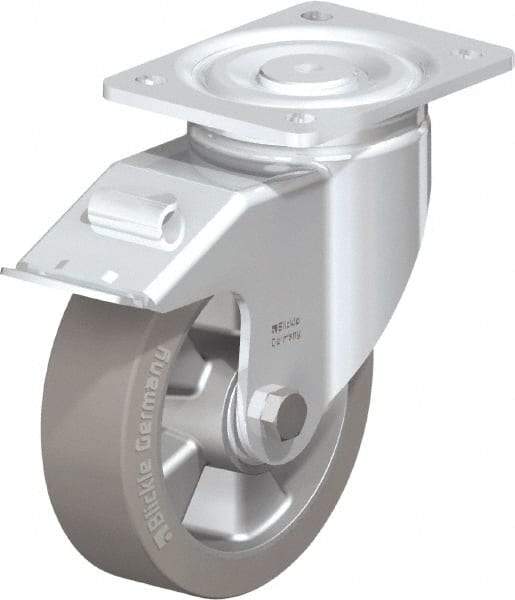 Blickle - 6-1/2" Diam x 2" Wide x 7-61/64" OAH Top Plate Mount Swivel Caster with Brake - Solid Rubber, 880 Lb Capacity, Ball Bearing, 5-1/2 x 4-3/8" Plate - Exact Tool & Supply