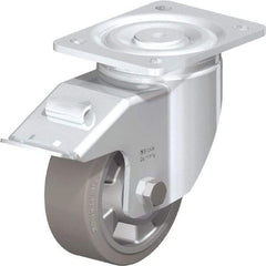 Blickle - 5" Diam x 2" Wide x 6-11/16" OAH Top Plate Mount Swivel Caster with Brake - Solid Rubber, 594 Lb Capacity, Ball Bearing, 5-1/2 x 4-3/8" Plate - Exact Tool & Supply