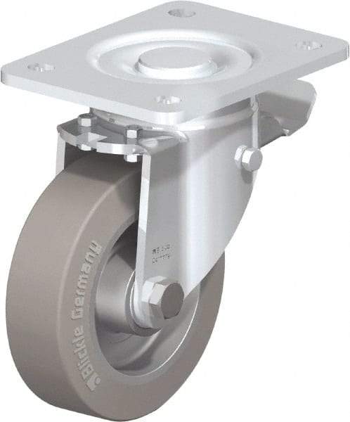 Blickle - 5" Diam x 1-9/16" Wide x 6-1/2" OAH Top Plate Mount Swivel Caster with Brake - Solid Rubber, 550 Lb Capacity, Ball Bearing, 5-1/2 x 4-3/8" Plate - Exact Tool & Supply