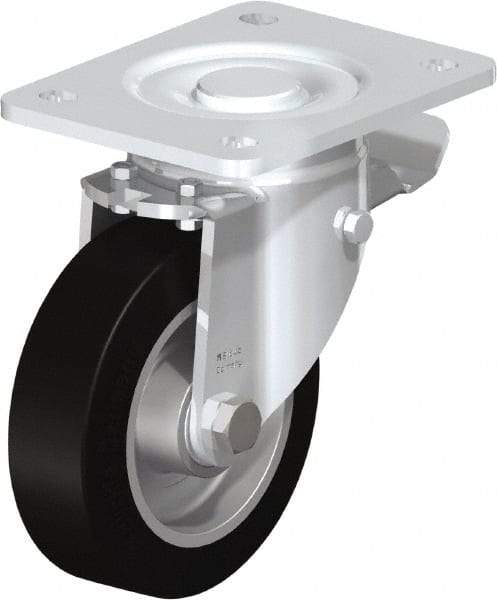 Blickle - 5" Diam x 1-9/16" Wide x 6-1/2" OAH Top Plate Mount Swivel Caster with Brake - Solid Rubber, 550 Lb Capacity, Ball Bearing, 5-1/2 x 4-3/8" Plate - Exact Tool & Supply