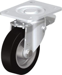 Blickle - 5" Diam x 1-9/16" Wide x 6-1/2" OAH Top Plate Mount Swivel Caster with Brake - Solid Rubber, 550 Lb Capacity, Ball Bearing, 5-1/2 x 4-3/8" Plate - Exact Tool & Supply