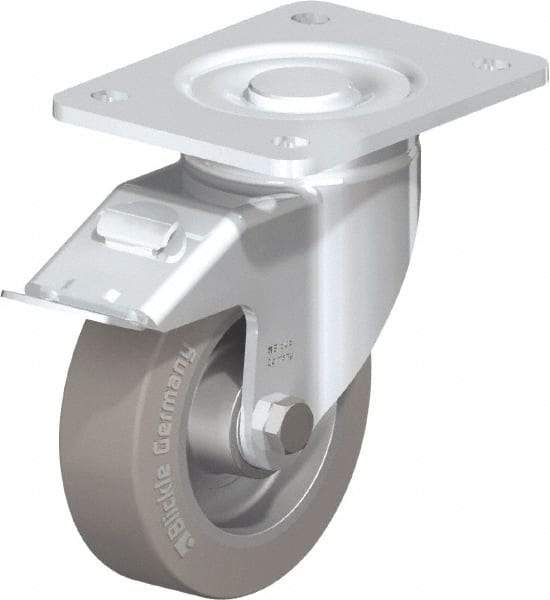 Blickle - 5" Diam x 1-9/16" Wide x 6-1/2" OAH Top Plate Mount Swivel Caster with Brake - Solid Rubber, 550 Lb Capacity, Ball Bearing, 5-1/2 x 4-3/8" Plate - Exact Tool & Supply