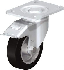 Blickle - 5" Diam x 1-9/16" Wide x 6-1/2" OAH Top Plate Mount Swivel Caster with Brake - Solid Rubber, 550 Lb Capacity, Ball Bearing, 5-1/2 x 4-3/8" Plate - Exact Tool & Supply