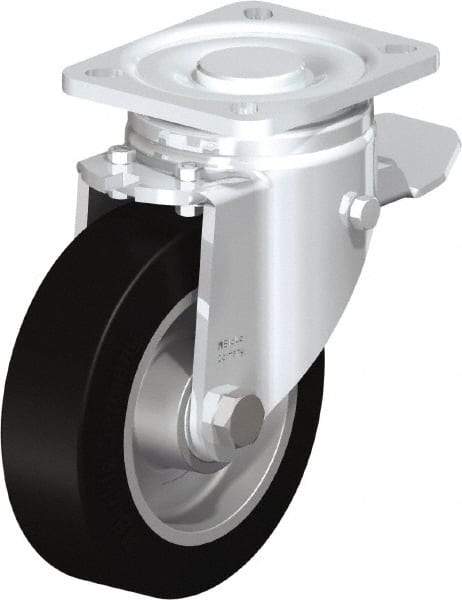Blickle - 5" Diam x 1-9/16" Wide x 6-1/2" OAH Top Plate Mount Swivel Caster with Brake - Solid Rubber, 550 Lb Capacity, Ball Bearing, 3-15/16 x 3-3/8" Plate - Exact Tool & Supply