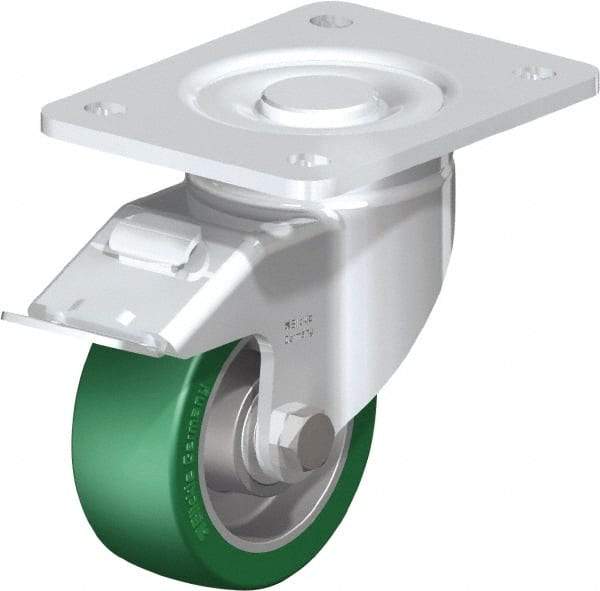 Blickle - 4" Diam x 1-9/16" Wide x 5-33/64" OAH Top Plate Mount Swivel Caster with Brake - Polyurethane-Elastomer Blickle Softhane, 660 Lb Capacity, Ball Bearing, 5-1/2 x 4-3/8" Plate - Exact Tool & Supply