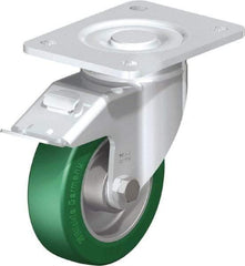 Blickle - 5" Diam x 1-9/16" Wide x 6-1/2" OAH Top Plate Mount Swivel Caster with Brake - Polyurethane-Elastomer Blickle Softhane, 770 Lb Capacity, Ball Bearing, 5-1/2 x 4-3/8" Plate - Exact Tool & Supply