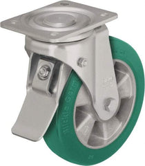 Blickle - 6" Diam x 2-1/8" Wide x 7-3/4" OAH Top Plate Mount Swivel Caster with Brake - Polyurethane-Elastomer Blickle Softhane, 1,100 Lb Capacity, Ball Bearing, 5-1/2 x 4-3/8" Plate - Exact Tool & Supply