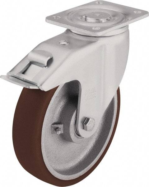 Blickle - 4" Diam x 1-31/32" Wide x 5-33/64" OAH Top Plate Mount Swivel Caster with Brake - Polyurethane-Elastomer Blickle Softhane, 880 Lb Capacity, Ball Bearing, 5-1/2 x 4-3/8" Plate - Exact Tool & Supply
