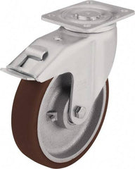 Blickle - 4" Diam x 1-31/32" Wide x 5-33/64" OAH Top Plate Mount Swivel Caster with Brake - Polyurethane-Elastomer Blickle Softhane, 880 Lb Capacity, Ball Bearing, 5-1/2 x 4-3/8" Plate - Exact Tool & Supply