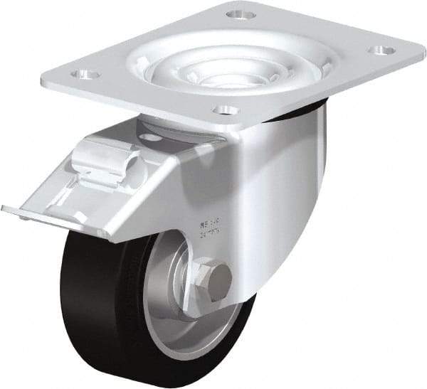Blickle - 4" Diam x 1-37/64" Wide x 5-7/64" OAH Top Plate Mount Swivel Caster with Brake - Solid Rubber, 440 Lb Capacity, Ball Bearing, 5-1/2 x 4-3/8" Plate - Exact Tool & Supply
