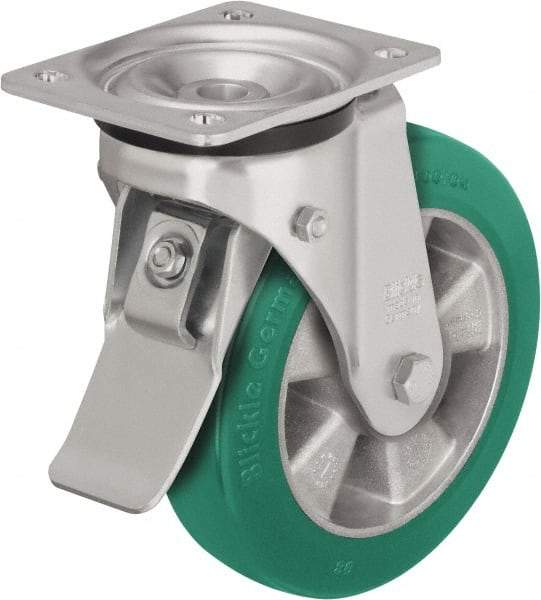 Blickle - 6" Diam x 2-1/8" Wide x 7-3/4" OAH Top Plate Mount Swivel Caster with Brake - Polyurethane-Elastomer Blickle Softhane, 1,100 Lb Capacity, Ball Bearing, 5-1/2 x 4-3/8" Plate - Exact Tool & Supply