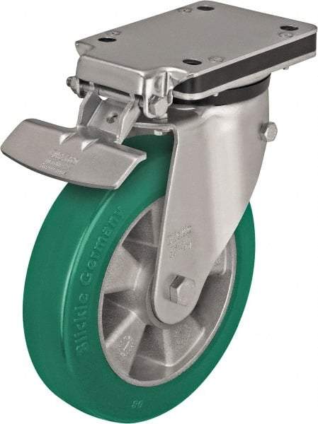 Blickle - 8" Diam x 2" Wide x 10-5/16" OAH Top Plate Mount Swivel Caster with Brake - Polyurethane-Elastomer Blickle Softhane, 1,320 Lb Capacity, Ball Bearing, 5-1/2 x 4-3/8" Plate - Exact Tool & Supply