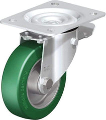 Blickle - 5" Diam x 1-37/64" Wide x 6-7/64" OAH Top Plate Mount Swivel Caster with Brake - Polyurethane-Elastomer Blickle Softhane, 770 Lb Capacity, Ball Bearing, 5-1/2 x 4-3/8" Plate - Exact Tool & Supply