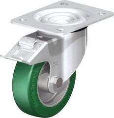 Blickle - 5" Diam x 1-37/64" Wide x 6-7/64" OAH Top Plate Mount Swivel Caster with Brake - Polyurethane-Elastomer Blickle Softhane, 770 Lb Capacity, Ball Bearing, 5-1/2 x 4-3/8" Plate - Exact Tool & Supply