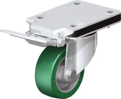 Blickle - 4" Diam x 1-37/64" Wide x 10-5/16" OAH Top Plate Mount Swivel Caster with Brake - Polyurethane-Elastomer Blickle Softhane, 660 Lb Capacity, Ball Bearing, 5-1/2 x 4-3/8" Plate - Exact Tool & Supply