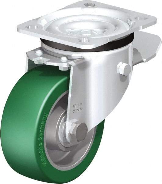 Blickle - 4" Diam x 1-37/64" Wide x 5-7/64" OAH Top Plate Mount Swivel Caster with Brake - Polyurethane-Elastomer Blickle Softhane, 660 Lb Capacity, Ball Bearing, 3-15/16 x 3-3/8" Plate - Exact Tool & Supply