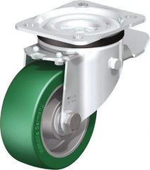 Blickle - 4" Diam x 1-37/64" Wide x 5-7/64" OAH Top Plate Mount Swivel Caster with Brake - Polyurethane-Elastomer Blickle Softhane, 660 Lb Capacity, Ball Bearing, 3-15/16 x 3-3/8" Plate - Exact Tool & Supply