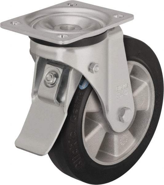 Blickle - 6-1/2" Diam x 1-31/32" Wide x 7-61/64" OAH Top Plate Mount Swivel Caster with Brake - Solid Rubber, 880 Lb Capacity, Ball Bearing, 5-1/2 x 4-3/8" Plate - Exact Tool & Supply
