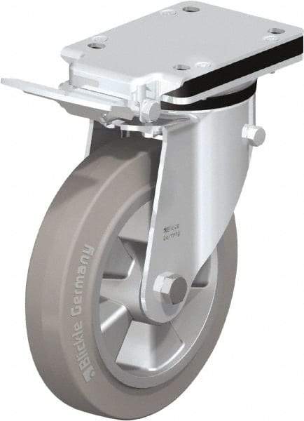 Blickle - 8" Diam x 1-31/32" Wide x 10-5/16" OAH Top Plate Mount Swivel Caster with Brake - Solid Rubber, 1,100 Lb Capacity, Ball Bearing, 5-1/2 x 4-3/8" Plate - Exact Tool & Supply