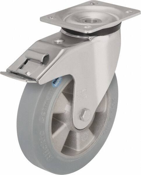 Blickle - 5" Diam x 1-31/32" Wide x 6-11/16" OAH Top Plate Mount Swivel Caster with Brake - Solid Rubber, 594 Lb Capacity, Ball Bearing, 5-1/2 x 4-3/8" Plate - Exact Tool & Supply