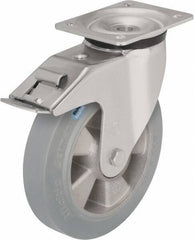 Blickle - 5" Diam x 1-31/32" Wide x 6-11/16" OAH Top Plate Mount Swivel Caster with Brake - Solid Rubber, 594 Lb Capacity, Ball Bearing, 5-1/2 x 4-3/8" Plate - Exact Tool & Supply