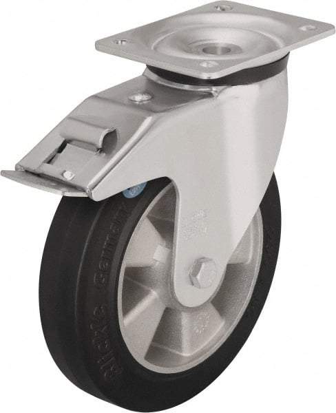 Blickle - 5" Diam x 1-31/32" Wide x 6-11/16" OAH Top Plate Mount Swivel Caster with Brake - Solid Rubber, 594 Lb Capacity, Ball Bearing, 5-1/2 x 4-3/8" Plate - Exact Tool & Supply