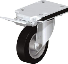 Blickle - 5" Diam x 1-37/64" Wide x 7-49/64" OAH Top Plate Mount Swivel Caster with Brake - Solid Rubber, 550 Lb Capacity, Ball Bearing, 5-1/2 x 4-3/8" Plate - Exact Tool & Supply