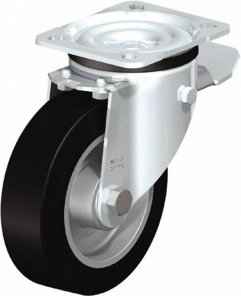Blickle - 5" Diam x 1-37/64" Wide x 6-7/64" OAH Top Plate Mount Swivel Caster with Brake - Solid Rubber, 550 Lb Capacity, Ball Bearing, 3-15/16 x 3-3/8" Plate - Exact Tool & Supply