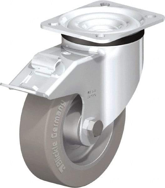 Blickle - 5" Diam x 1-37/64" Wide x 6-7/64" OAH Top Plate Mount Swivel Caster with Brake - Solid Rubber, 550 Lb Capacity, Ball Bearing, 3-15/16 x 3-3/8" Plate - Exact Tool & Supply