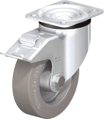 Blickle - 5" Diam x 1-37/64" Wide x 6-7/64" OAH Top Plate Mount Swivel Caster with Brake - Solid Rubber, 550 Lb Capacity, Ball Bearing, 3-15/16 x 3-3/8" Plate - Exact Tool & Supply