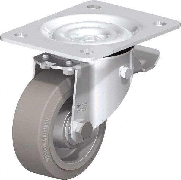 Blickle - 4" Diam x 1-37/64" Wide x 5-7/64" OAH Top Plate Mount Swivel Caster with Brake - Solid Rubber, 440 Lb Capacity, Ball Bearing, 5-1/2 x 4-3/8" Plate - Exact Tool & Supply