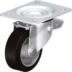 Blickle - 4" Diam x 1-37/64" Wide x 5-7/64" OAH Top Plate Mount Swivel Caster with Brake - Solid Rubber, 440 Lb Capacity, Ball Bearing, 5-1/2 x 4-3/8" Plate - Exact Tool & Supply