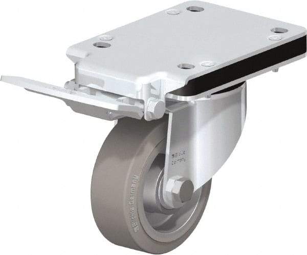 Blickle - 4" Diam x 1-37/64" Wide x 5-5/32" OAH Top Plate Mount Swivel Caster with Brake - Solid Rubber, 440 Lb Capacity, Ball Bearing, 5-1/2 x 4-3/8" Plate - Exact Tool & Supply