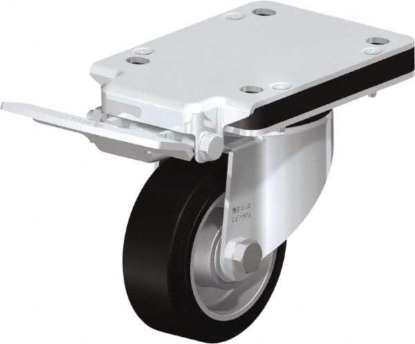 Blickle - 4" Diam x 1-37/64" Wide x 5-5/32" OAH Top Plate Mount Swivel Caster with Brake - Solid Rubber, 440 Lb Capacity, Ball Bearing, 5-1/2 x 4-3/8" Plate - Exact Tool & Supply