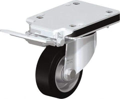 Blickle - 4" Diam x 1-37/64" Wide x 5-5/32" OAH Top Plate Mount Swivel Caster with Brake - Solid Rubber, 440 Lb Capacity, Ball Bearing, 5-1/2 x 4-3/8" Plate - Exact Tool & Supply