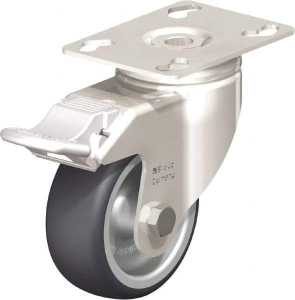 Blickle - 3" Diam x 1-1/4" Wide x 4-3/8" OAH Top Plate Mount Swivel Caster with Brake - Thermoplastic Rubber Elastomer (TPE), 220 Lb Capacity, Plain Bore Bearing, 3-9/16 x 2-5/8" Plate - Exact Tool & Supply