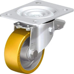 Blickle - 4" Diam x 1-9/16" Wide x 5-7/64" OAH Top Plate Mount Swivel Caster with Brake - Polyurethane-Elastomer Blickle Extrathane, 550 Lb Capacity, Ball Bearing, 5-1/2 x 4-3/8" Plate - Exact Tool & Supply
