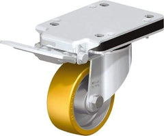 Blickle - 4" Diam x 1-9/16" Wide x 5-25/32" OAH Top Plate Mount Swivel Caster with Brake - Polyurethane-Elastomer Blickle Extrathane, 550 Lb Capacity, Ball Bearing, 5-1/2 x 4-3/8" Plate - Exact Tool & Supply
